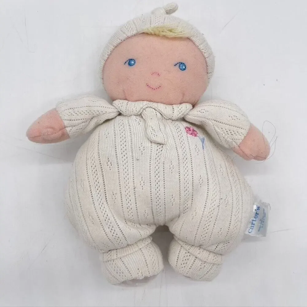 VINTAGE White Carter's Prestige Toy Blonde Blue Eyes Plush Baby Girl Doll Rattle
